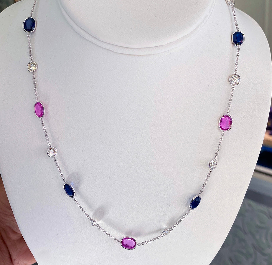 Diamond, Pink & Blue Sapphire Necklace