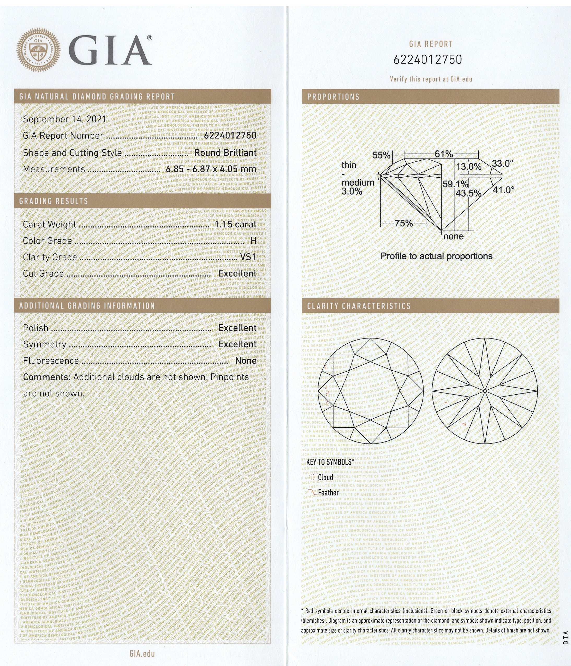 1.15  H VS1 RB GIA Ring