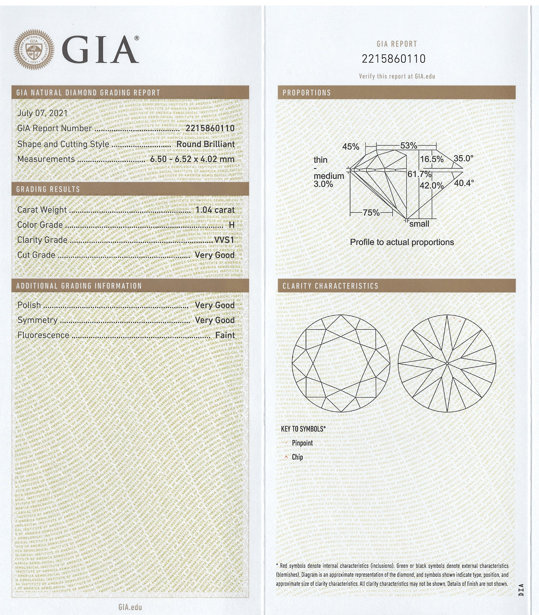 1.04 Round H VVS1 GIA Tacori Ring