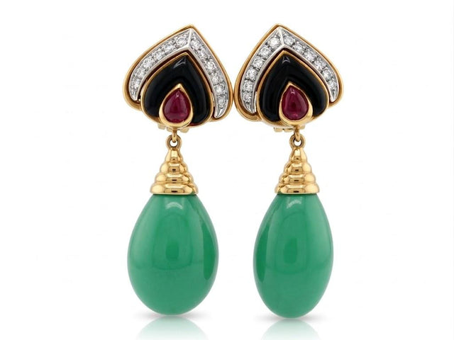 18k Turquoise, Ruby, Onyx & Diamond Earrings