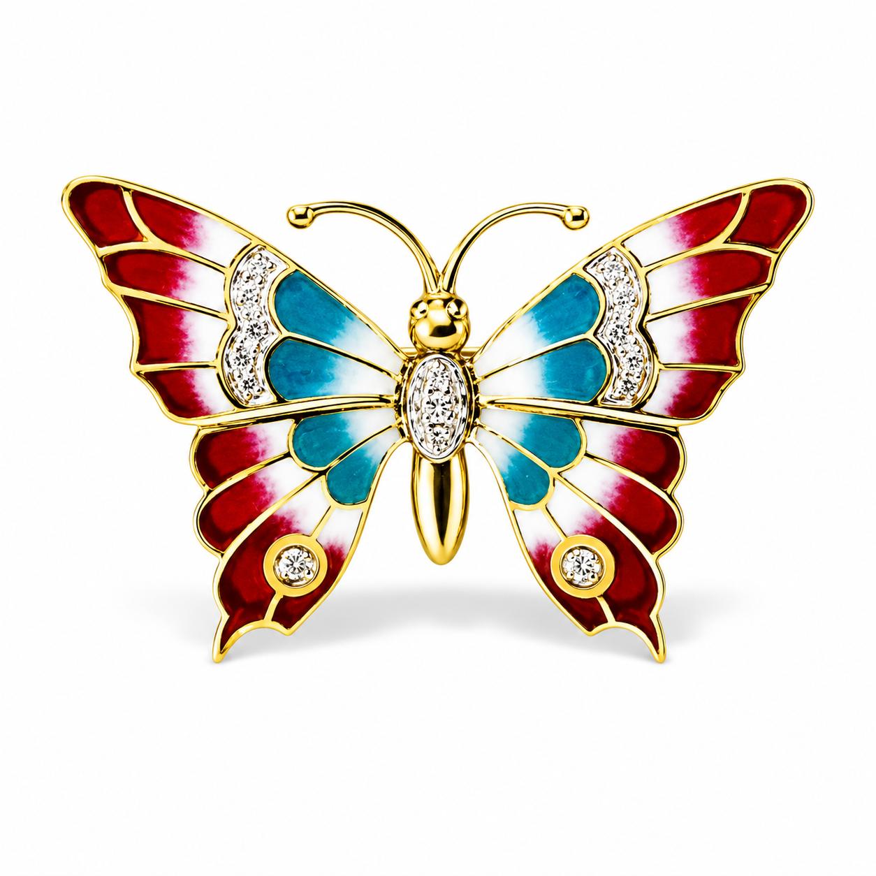 18K Plique De Jour Butterfly with Diamonds and Sapphires