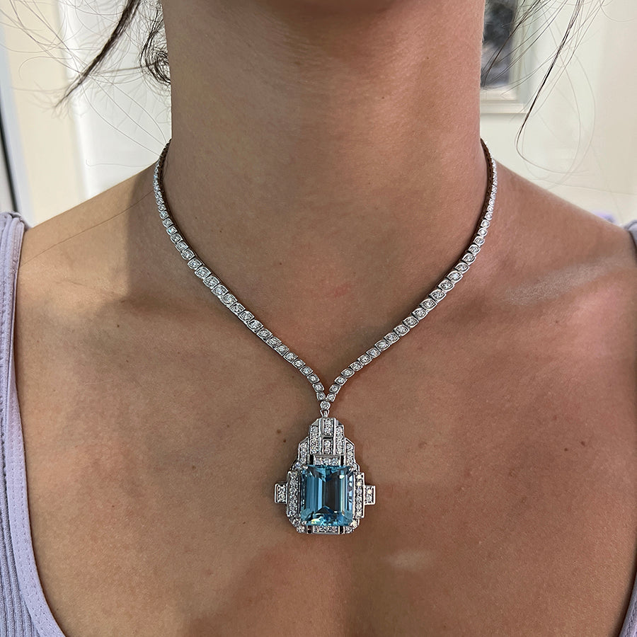 Art Deco Style Platinum Aquamarine Necklace