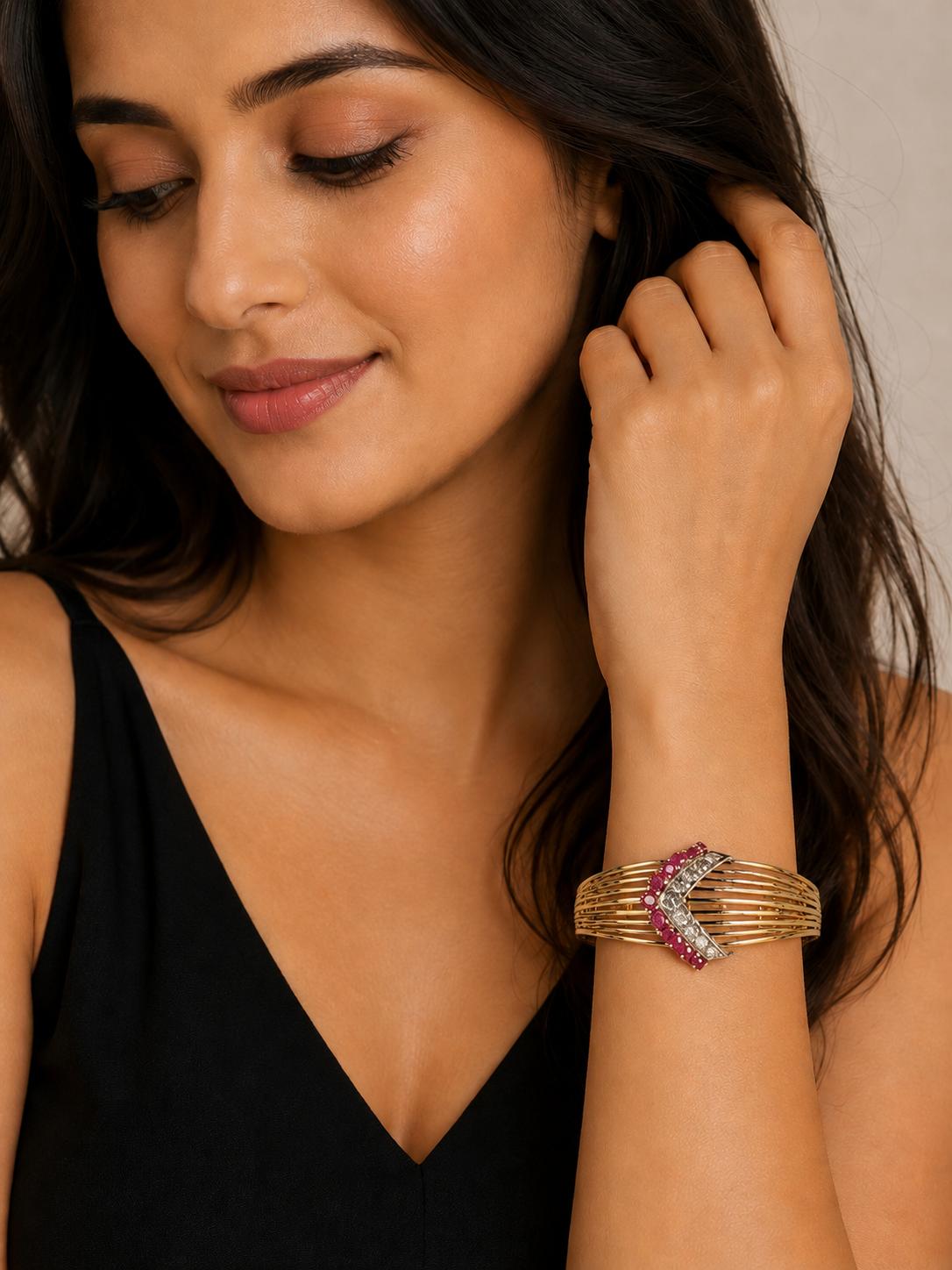 18k Retro Diamond and Ruby Bangle