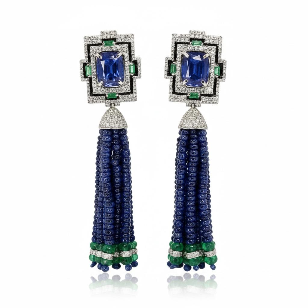Sapphire Bead Tassle Earrings