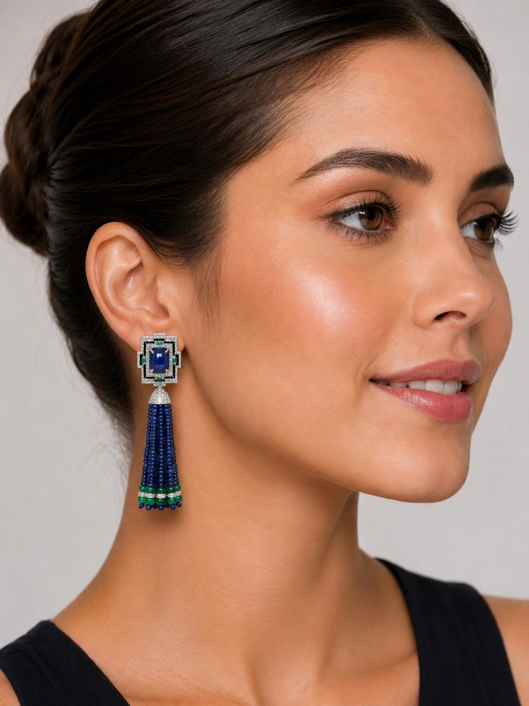 Sapphire Bead Tassle Earrings