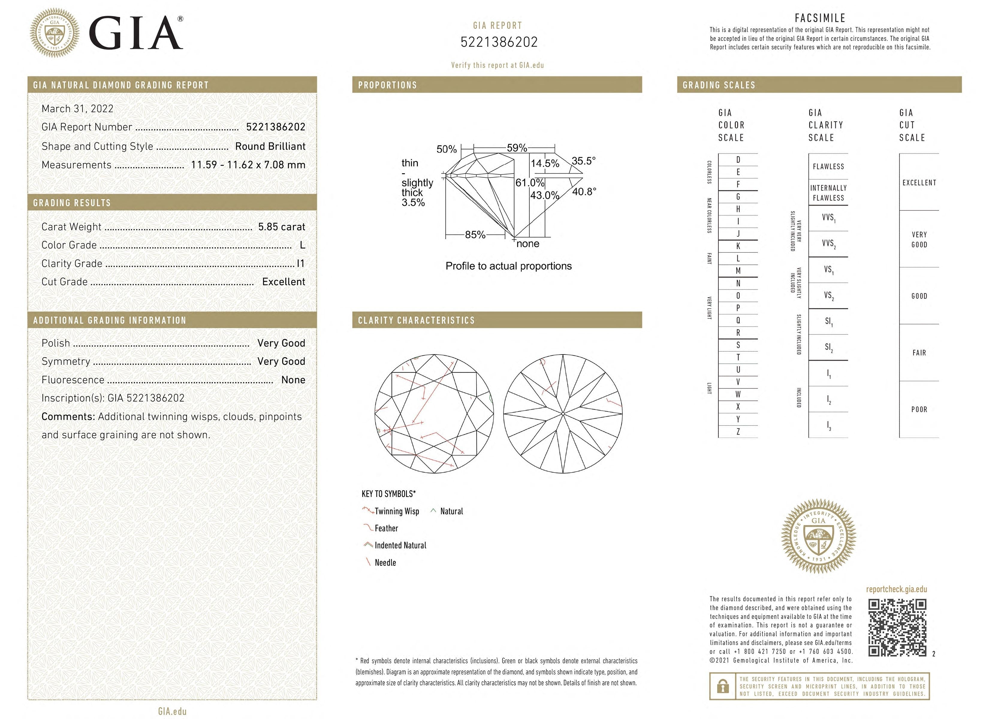 5.85 Carat GIA L I1 Round Diamond Platinum Ring S