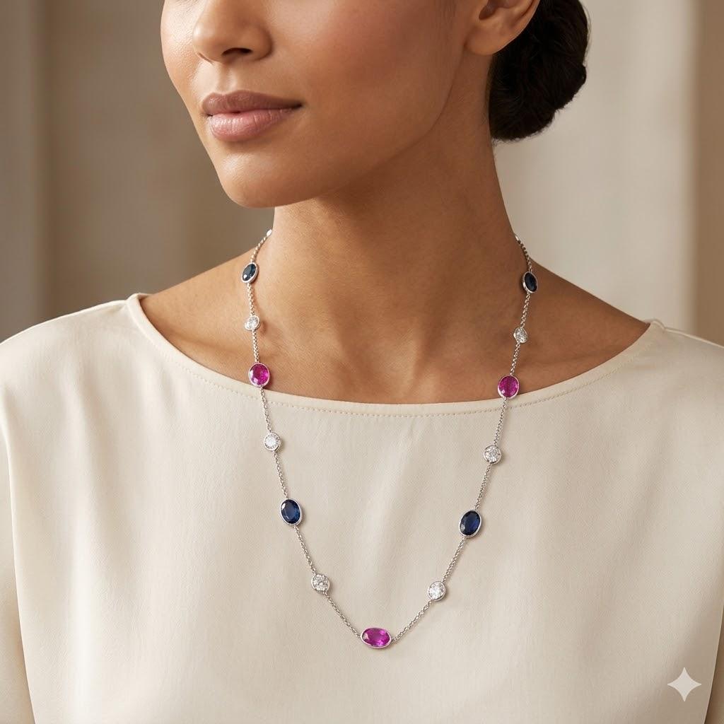 Diamond, Pink & Blue Sapphire Necklace