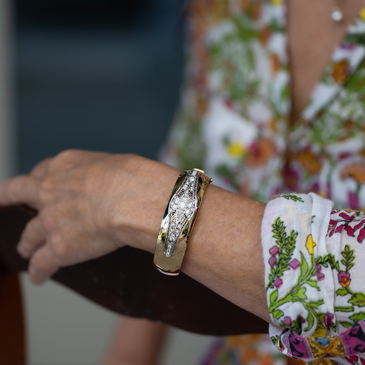 Vintage 14k & Platinum Diamond Bangle