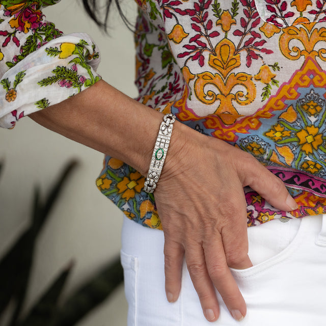 Art Deco Platinum Bracelet with Diamonds and Emeralds