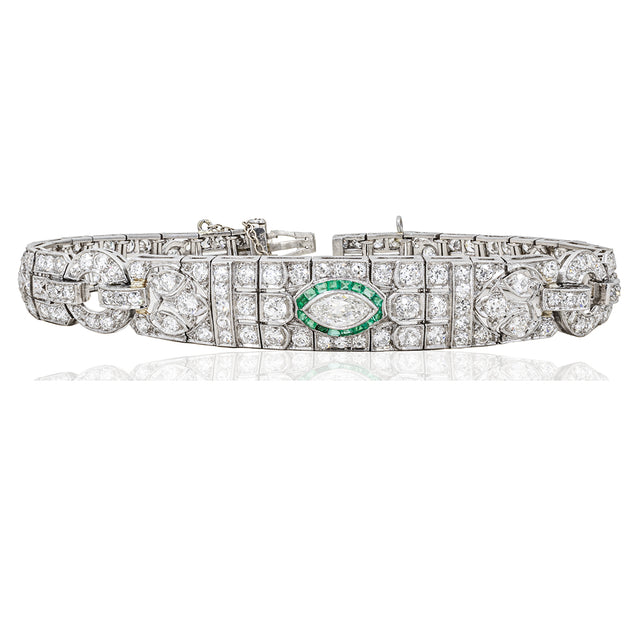 Art Deco Platinum Bracelet with Diamonds and Emeralds
