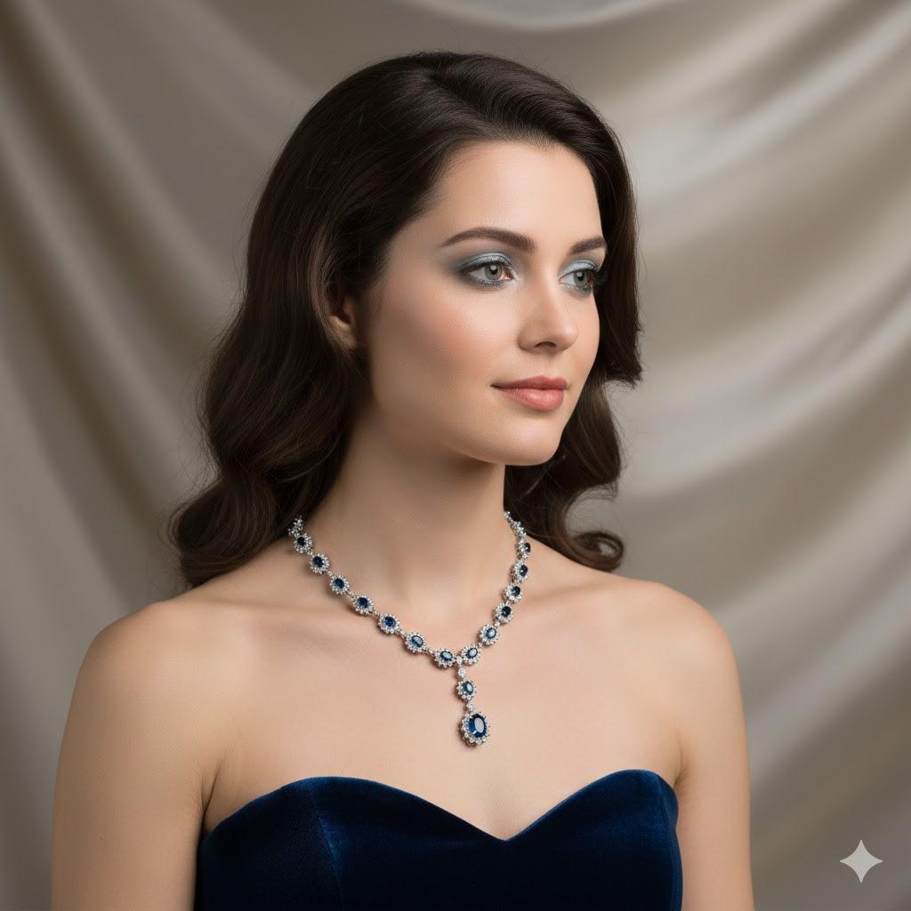 18k Sapphire & Diamond Necklace worn by a model