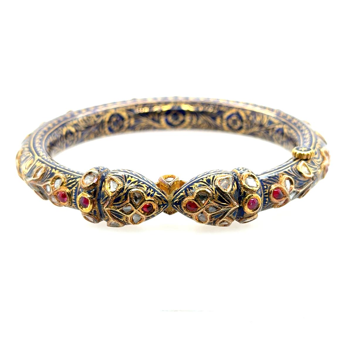 Vintage Mughal Bangle: 22k Gold, Ruby, Diamond, Enamel, 61.71g