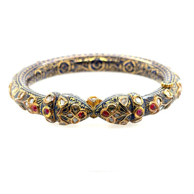 Vintage Mughal Bangle: 22k Gold, Ruby, Diamond, Enamel, 61.71g