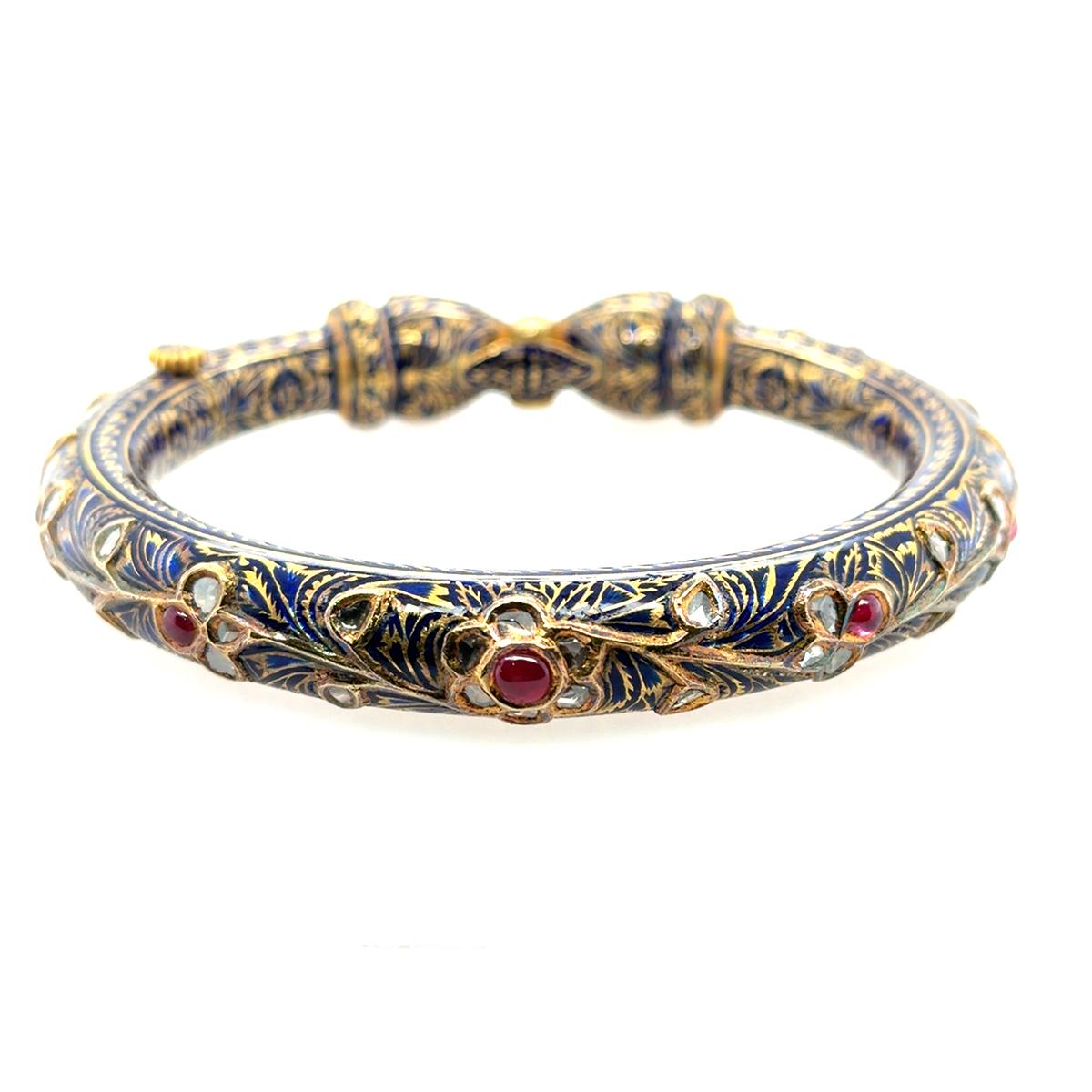 Vintage Mughal Bangle: 22k Gold, Ruby, Diamond, Enamel, 61.71g