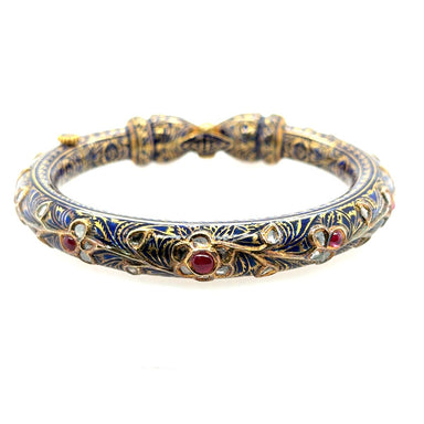 Vintage Mughal Bangle: 22k Gold, Ruby, Diamond, Enamel, 61.71g