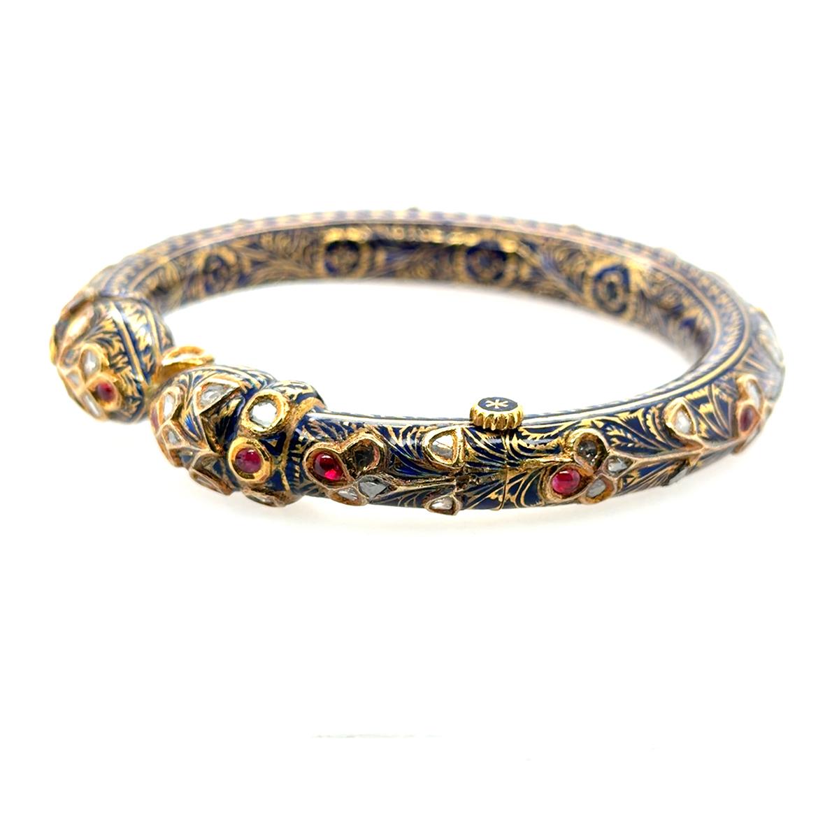 Vintage Mughal Bangle: 22k Gold, Ruby, Diamond, Enamel, 61.71g