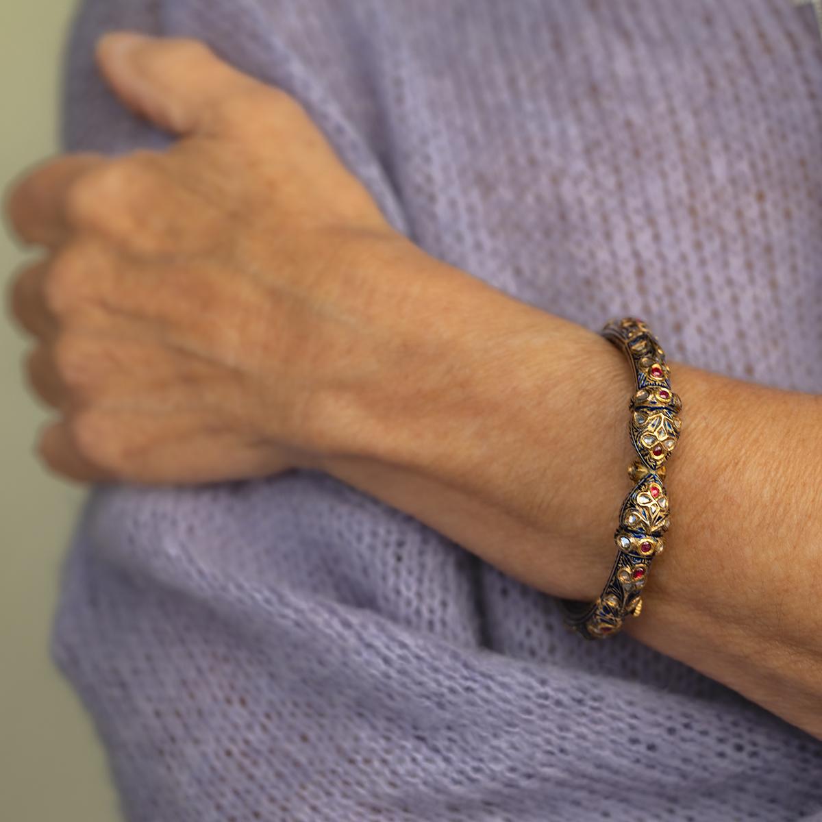 Vintage Mughal Bangle: 22k Gold, Ruby, Diamond, Enamel, 61.71g