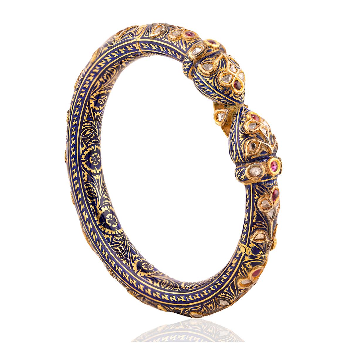 Vintage Mughal Bangle: 22k Gold, Ruby, Diamond, Enamel, 61.71g
