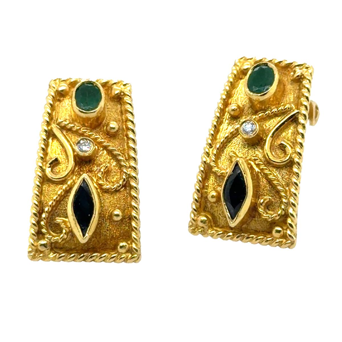 Etruscan Revival 18k Gold Earrings with Emerald and Sapphire