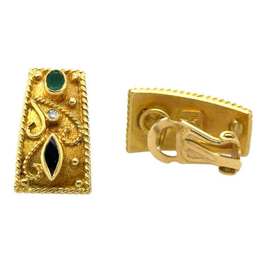 Etruscan Revival 18k Gold Earrings with Emerald and Sapphire