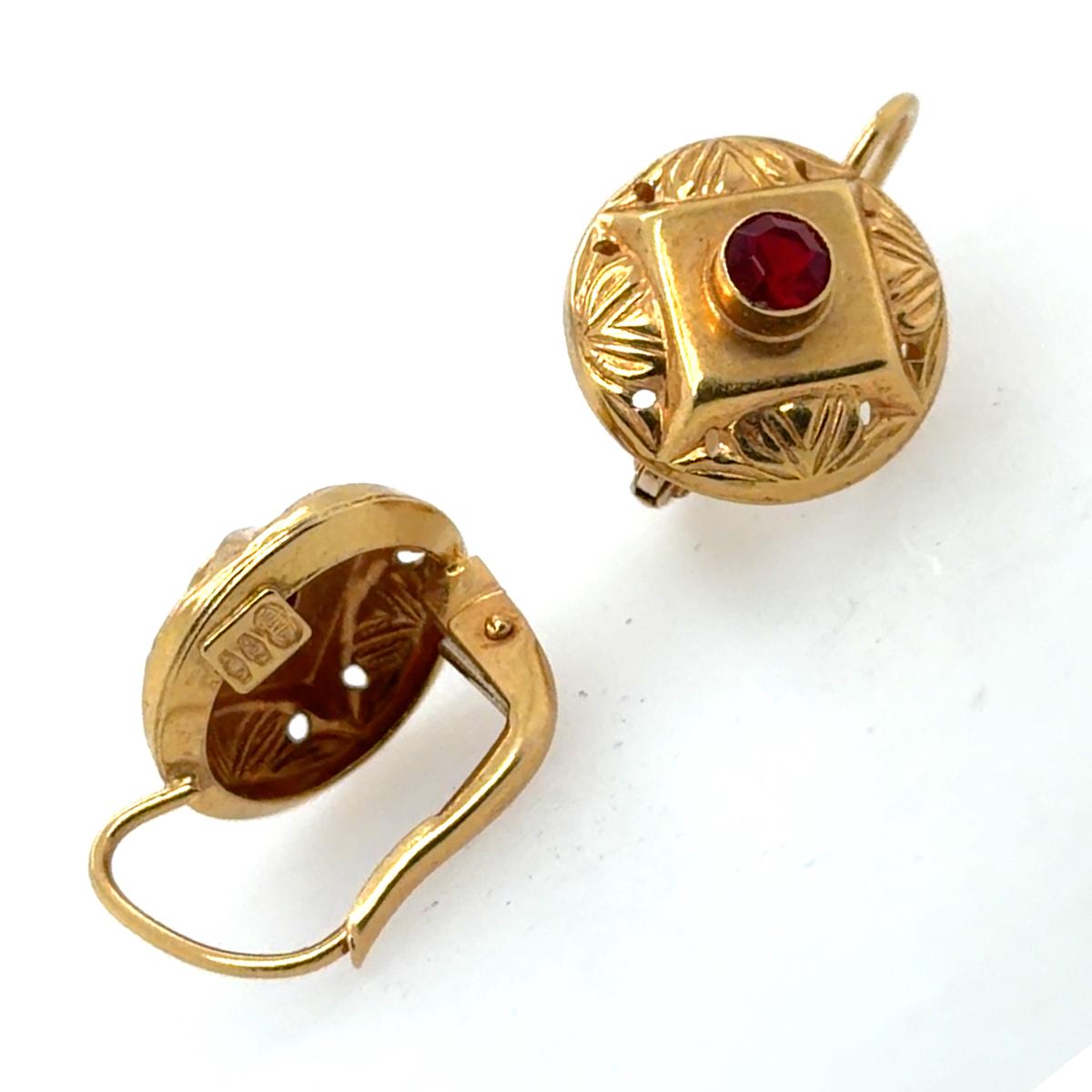 Victorian 18k Gold Earrings with Red Gemstone and Leaf Engravings