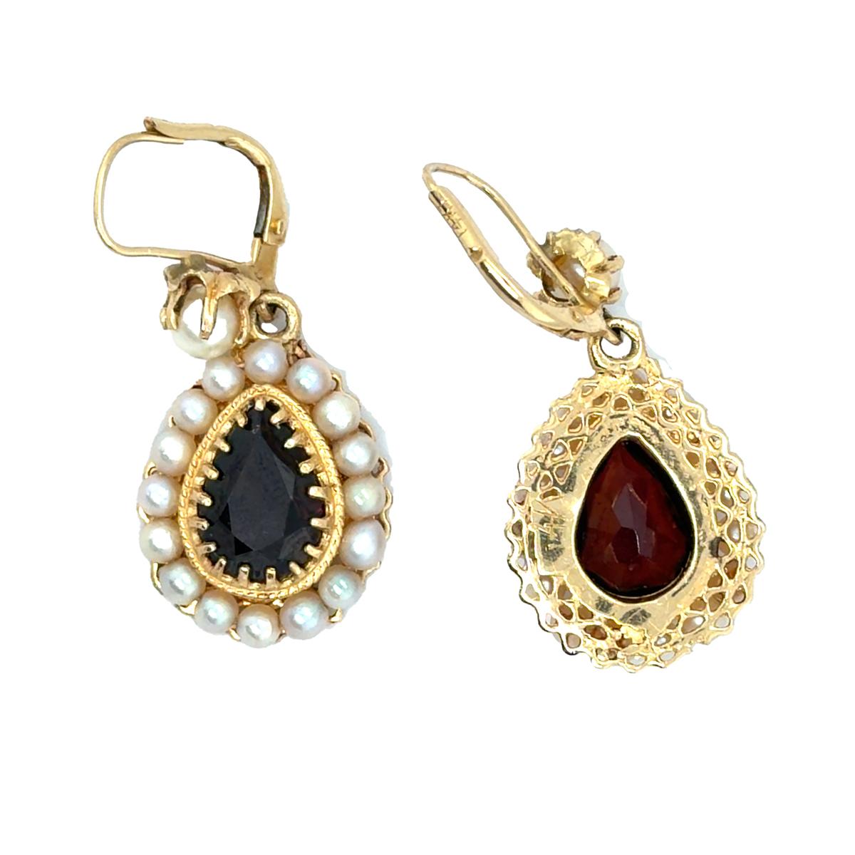 14k Yellow Gold Garnet & Pearl Dangle Earrings Mid 20th Century