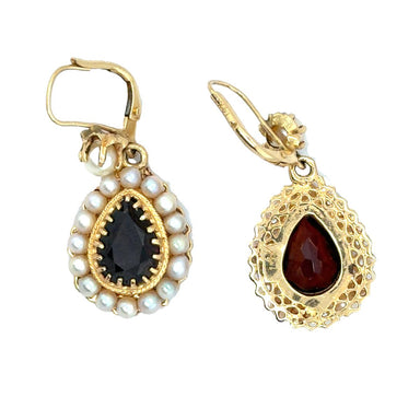 14k Yellow Gold Garnet & Pearl Dangle Earrings Mid 20th Century
