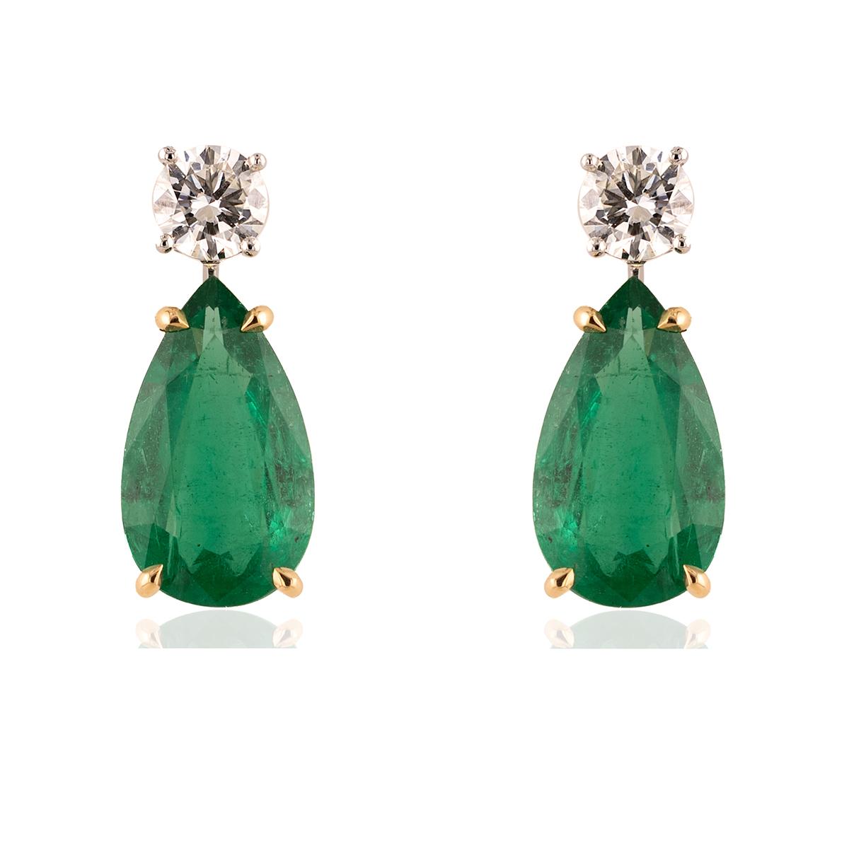 18k Gold Drop Earrings with Pear-Cut Emeralds & Round Diamonds
