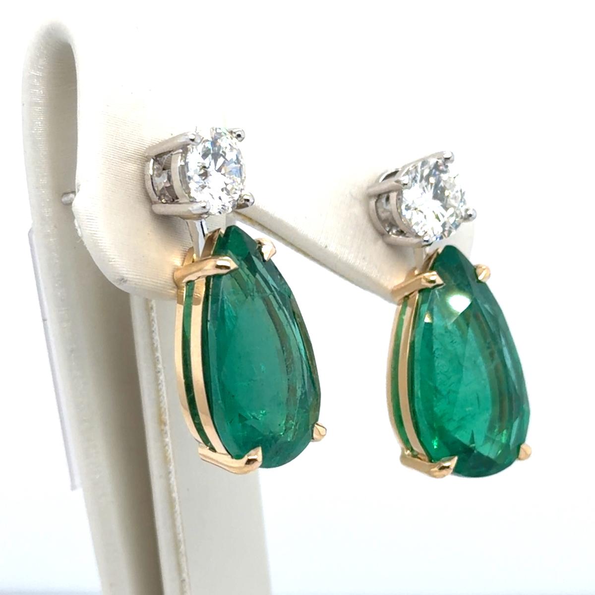 18k Gold Drop Earrings with Pear-Cut Emeralds & Round Diamonds