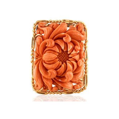 Vintage 14k Yellow Gold Brooch with intricate Carved Floral Coral