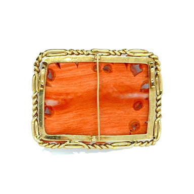 Vintage 14k Yellow Gold Brooch with intricate Carved Floral Coral