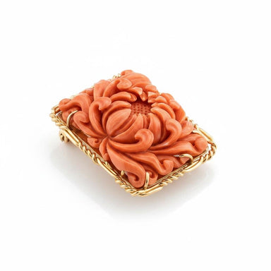 Vintage 14k Yellow Gold Brooch with intricate Carved Floral Coral