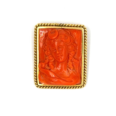 Vintage 18k Gold  Coral Cameo Brooch