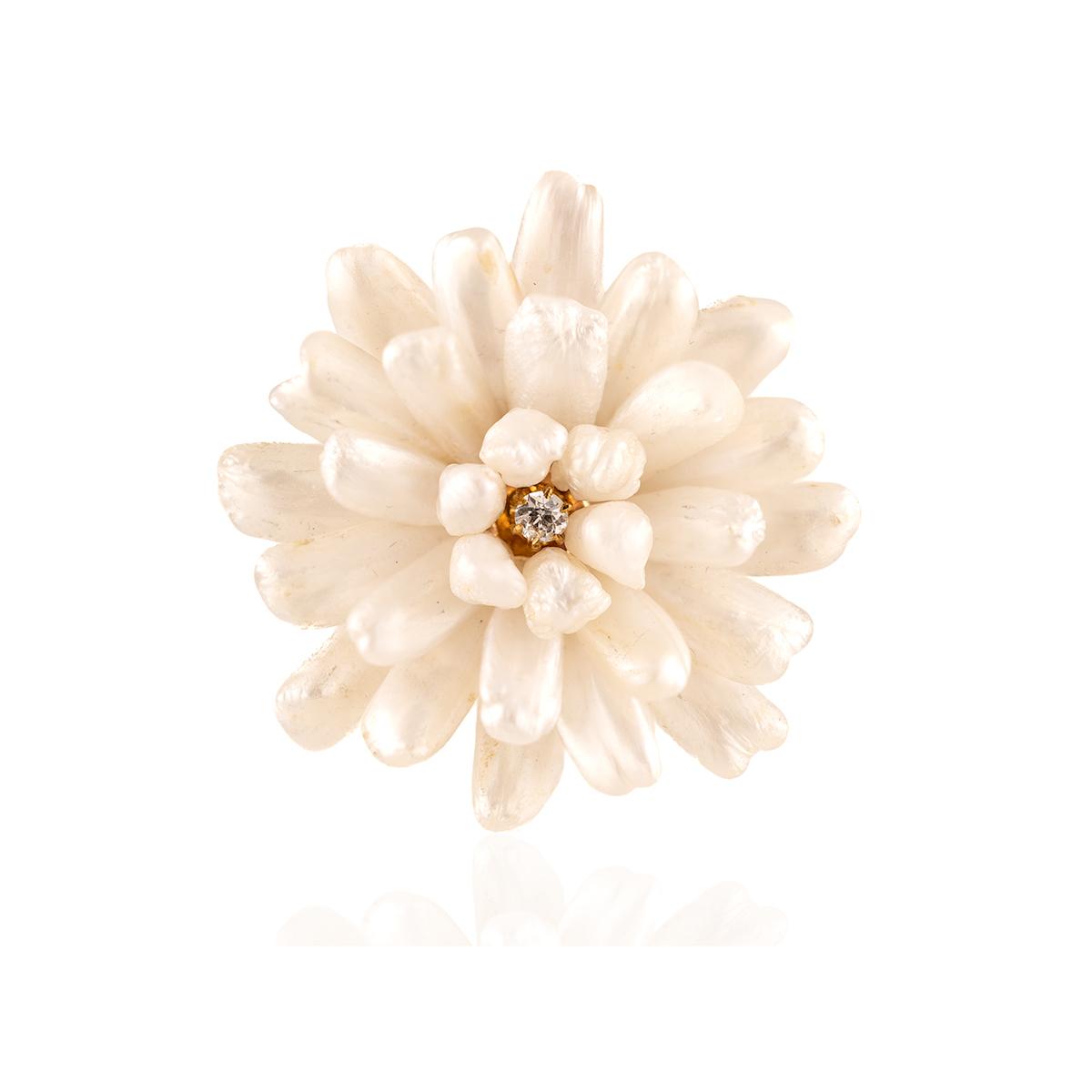 14k Gold Pearl & Diamond Floral Brooch Mid 20th Century