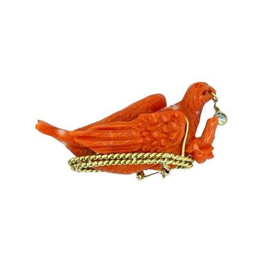 18k Victorian Coral Bird Brooch with Diamond Accent