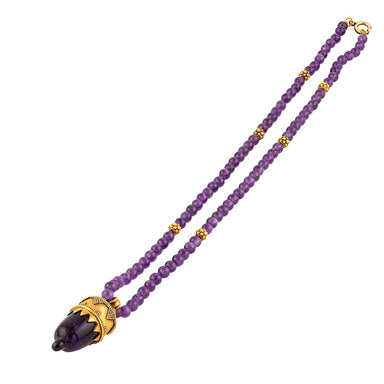 18k Yellow Gold Amethyst Acorn Pendant on Amethyst bead Necklace