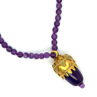 18k Yellow Gold Amethyst Acorn Pendant on Amethyst bead Necklace