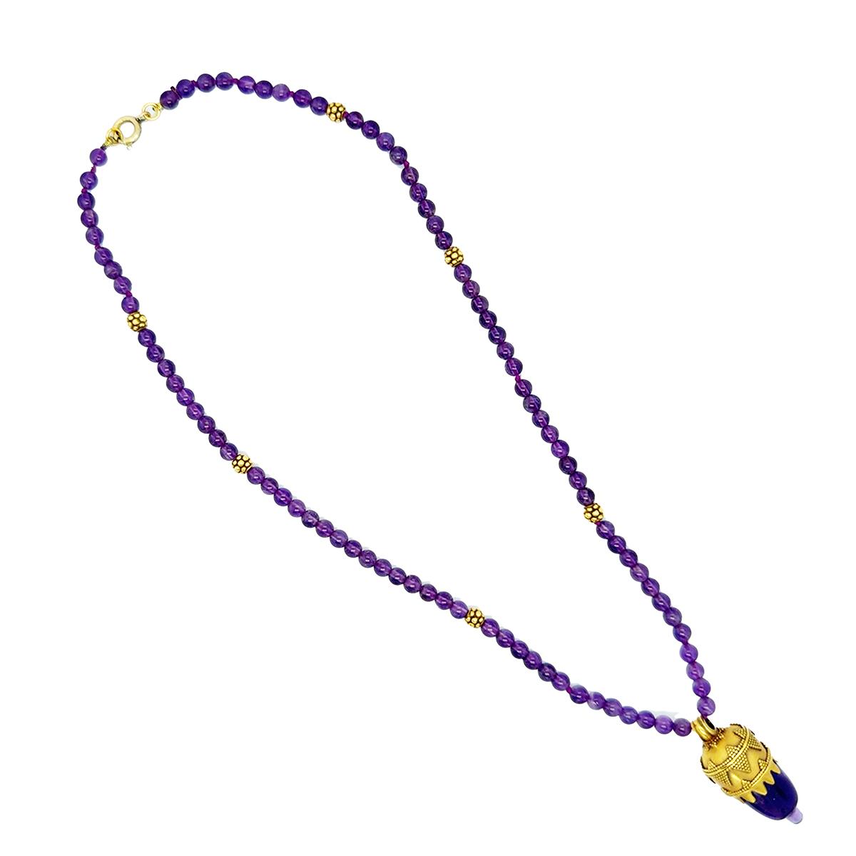 18k Yellow Gold Amethyst Acorn Pendant on Amethyst bead Necklace