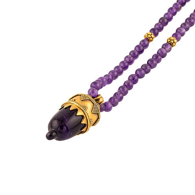 18k Yellow Gold Amethyst Acorn Pendant on Amethyst bead Necklace