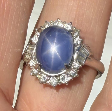 Platinum Ring with 7.37ct Blue Star Sapphire and Diamonds