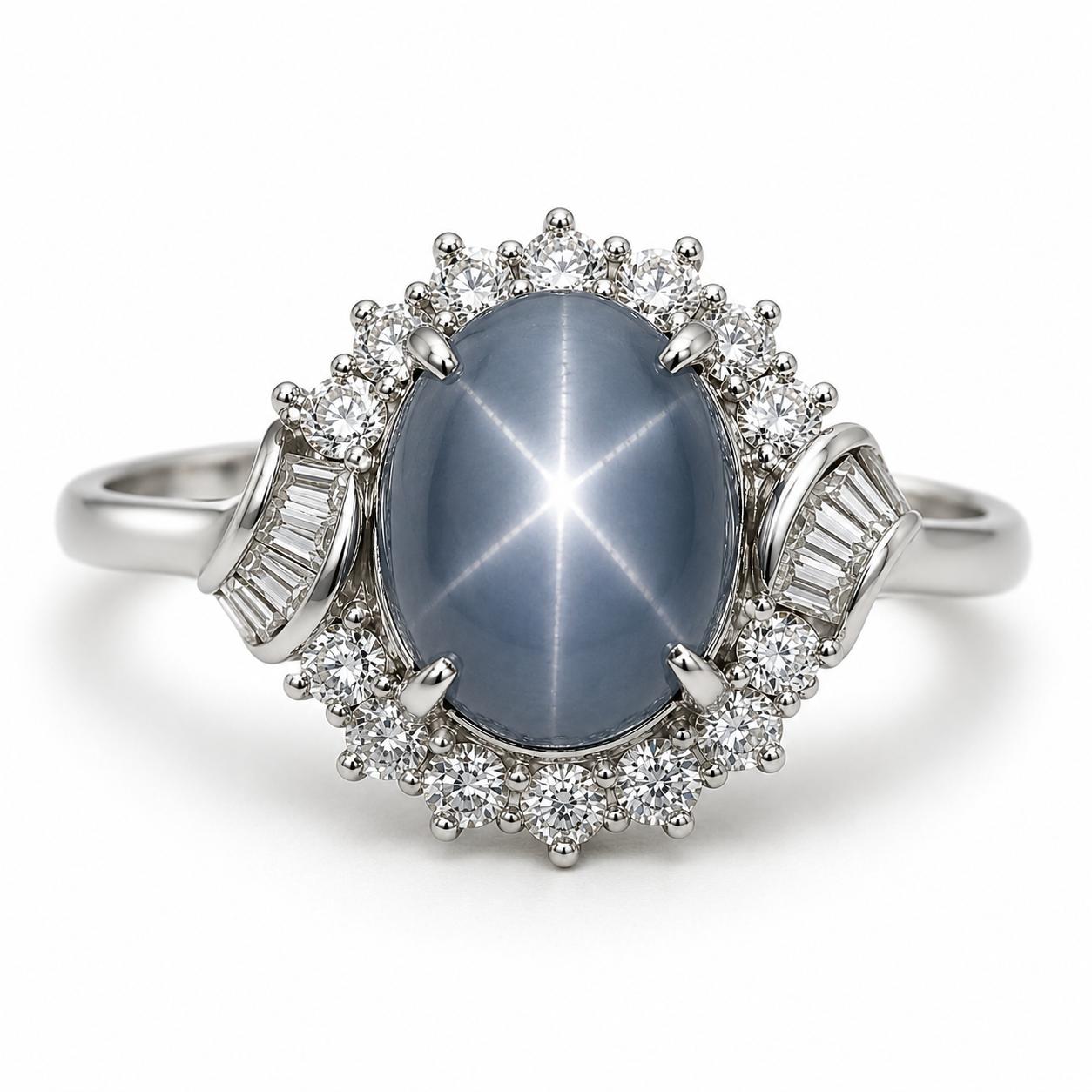 Platinum Ring with 7.37ct Blue Star Sapphire and Diamonds