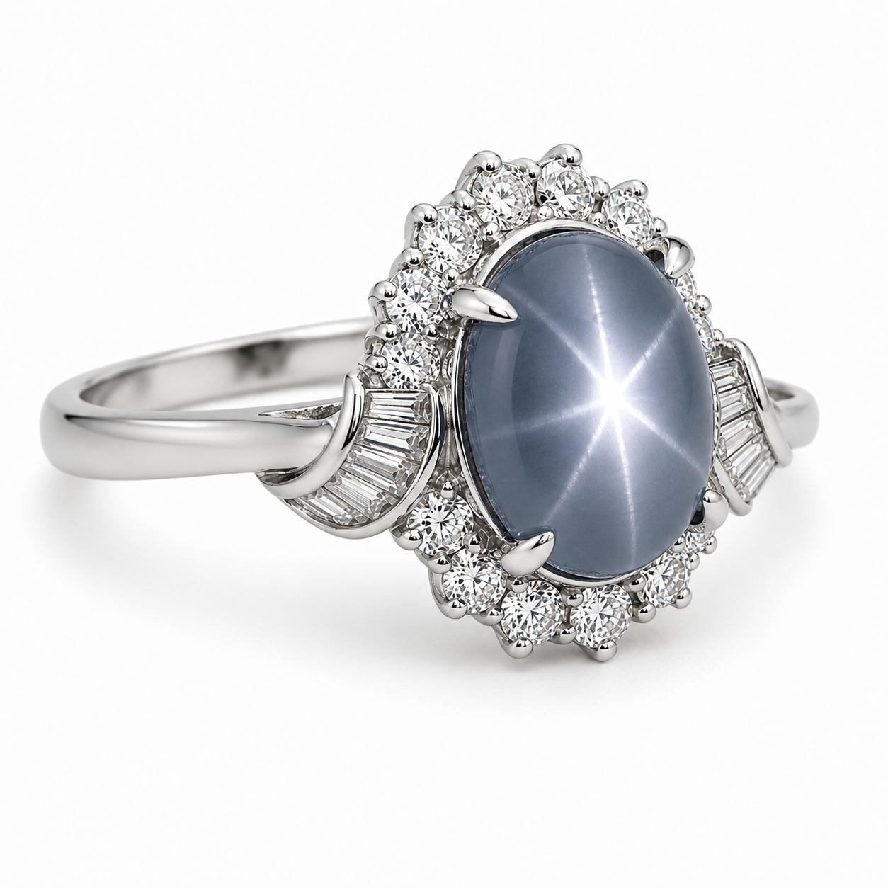 Platinum Ring with 7.37ct Blue Star Sapphire and Diamonds