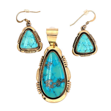 Rare 14k Tom Lewis Navajo Morenci Turquoise Pendant & Earrings Suite