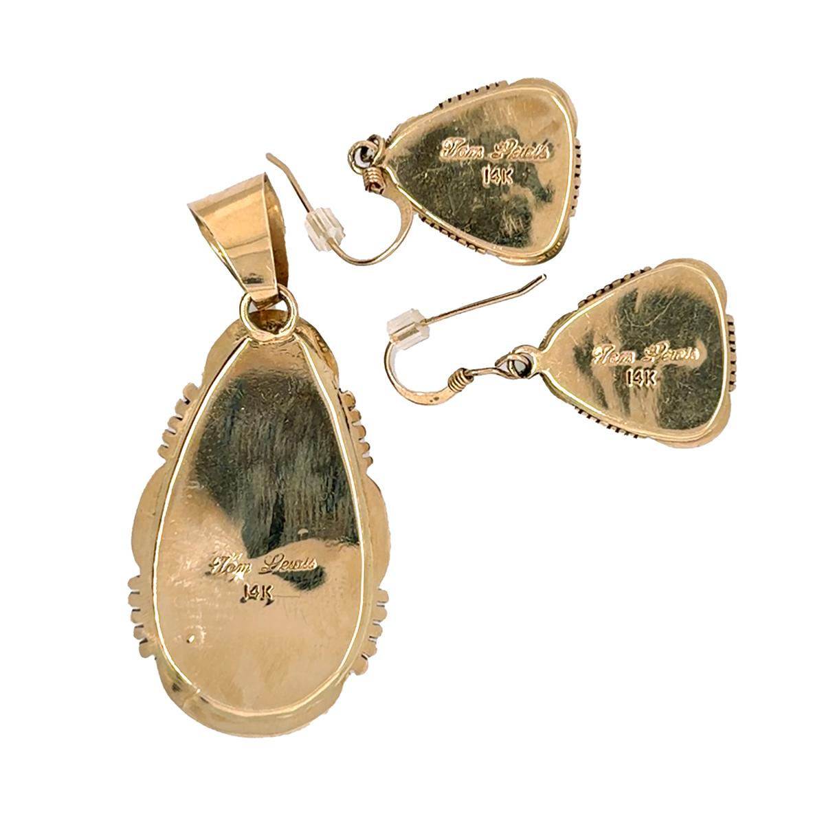 Rare 14k Tom Lewis Navajo Morenci Turquoise Pendant & Earrings Suite