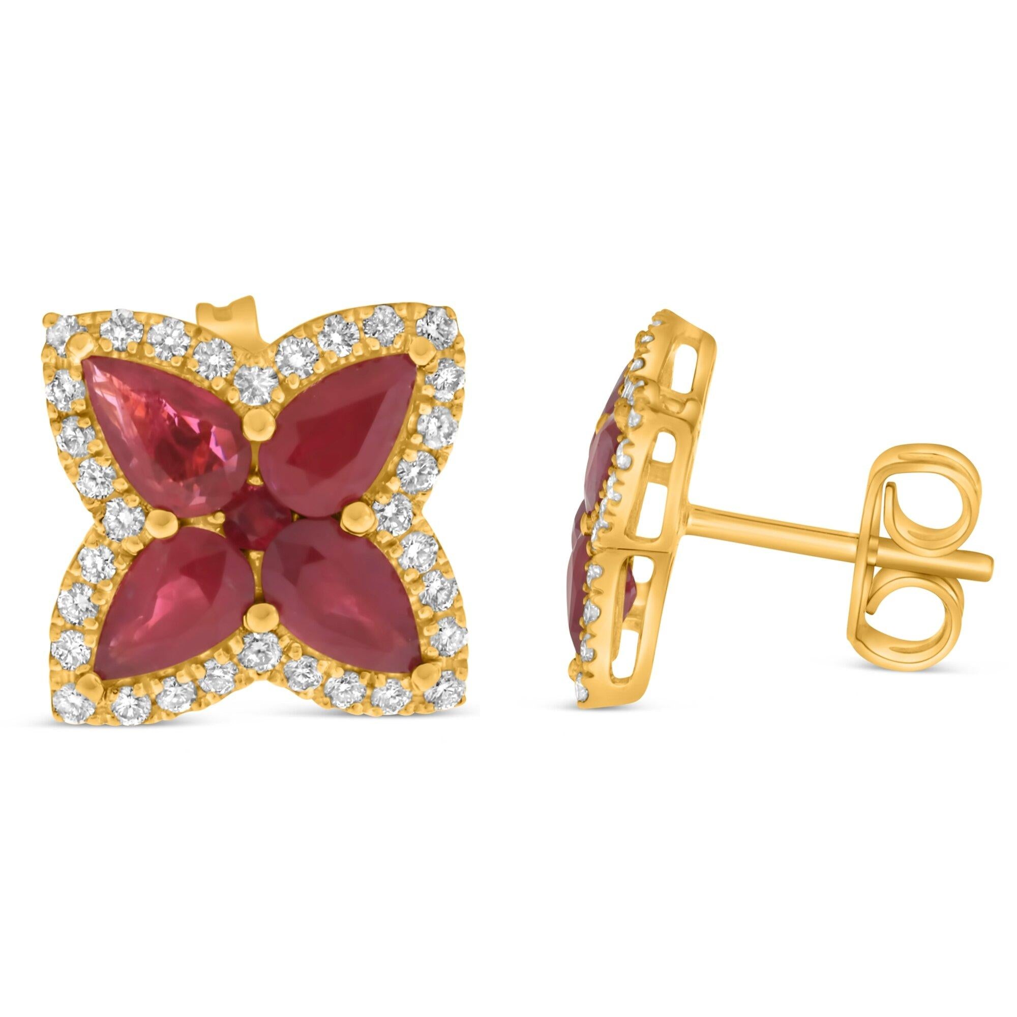 Marquise-Cut Ruby & Diamond Earrings in 14k Yellow Gold
