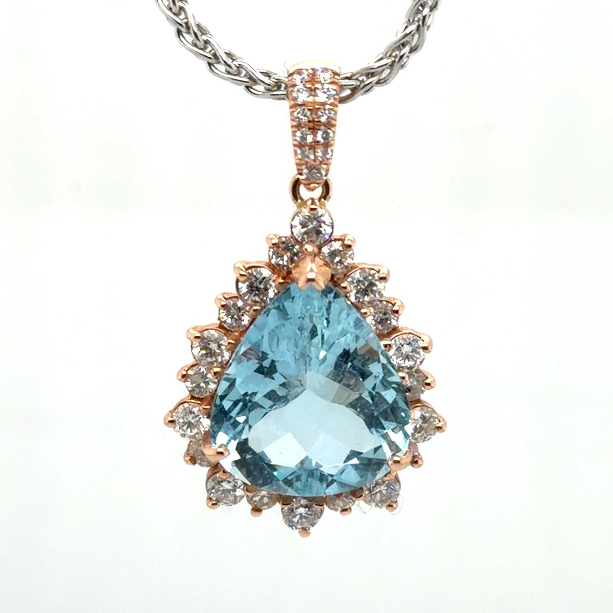14k Rose Gold Necklace with Pear-Cut Aquamarine and Diamonds