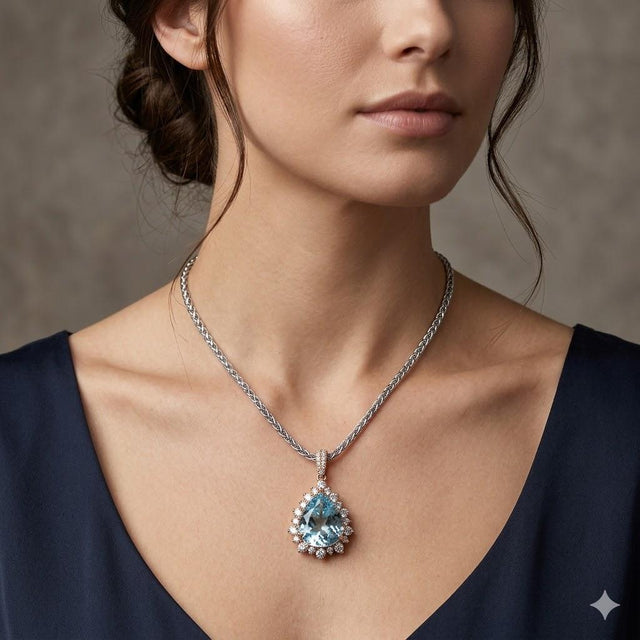 14k Rose Gold Necklace with Pear-Cut Aquamarine and Diamonds