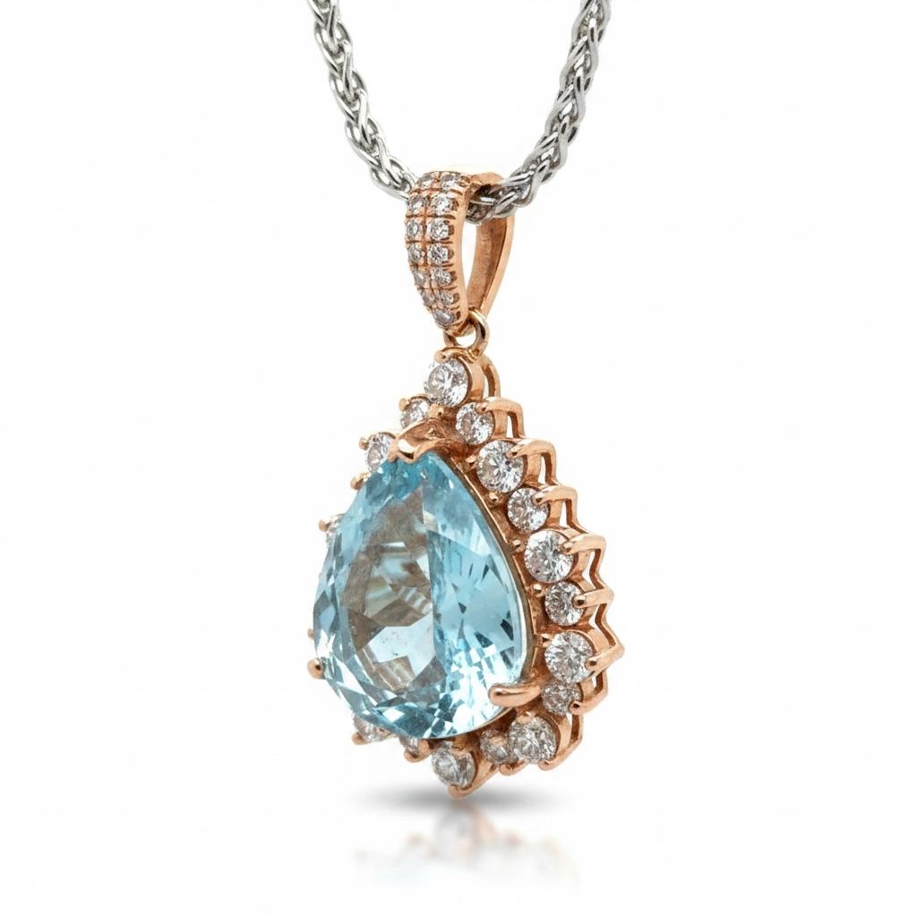 14k Rose Gold Necklace with Pear-Cut Aquamarine and Diamonds