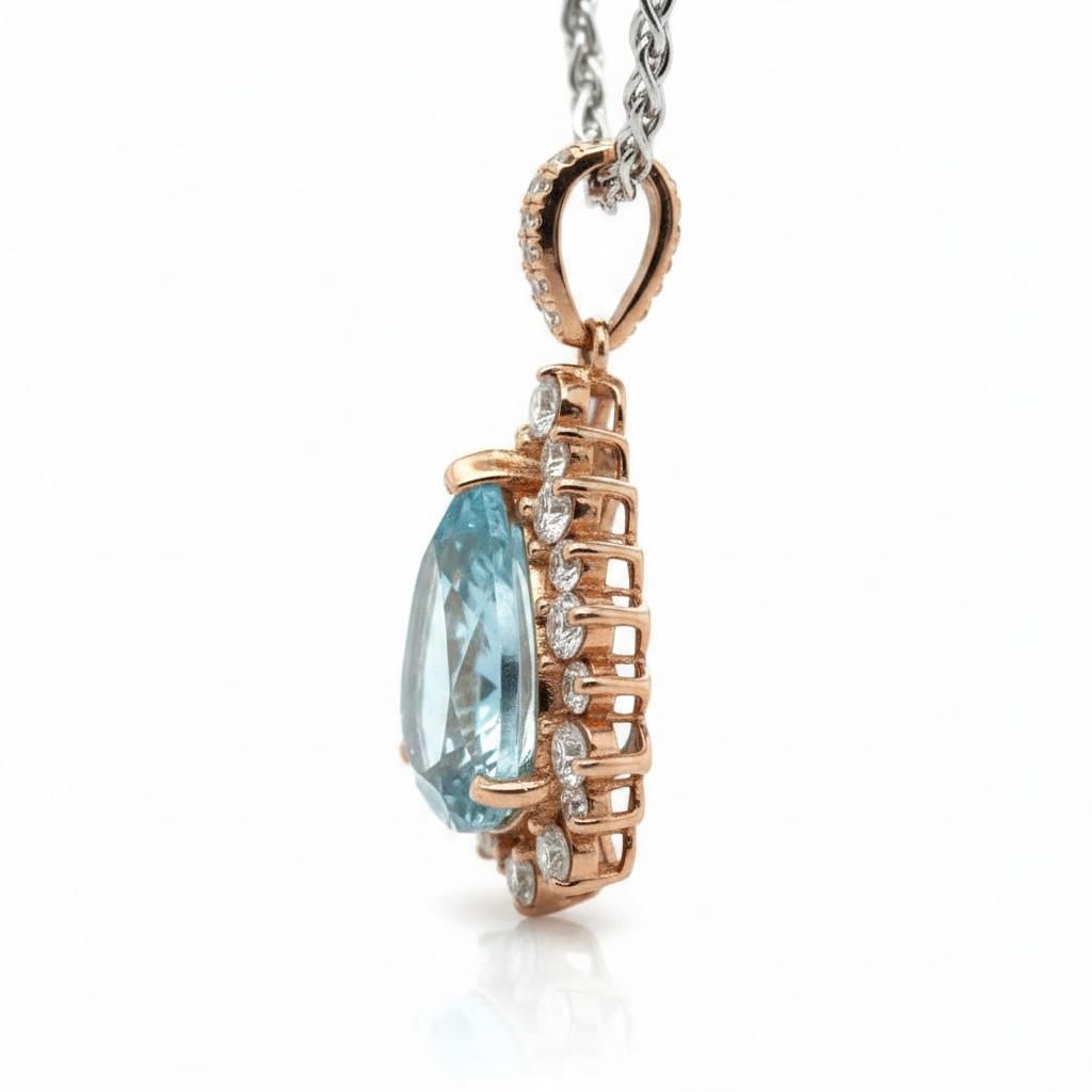 14k Rose Gold Necklace with Pear-Cut Aquamarine and Diamonds