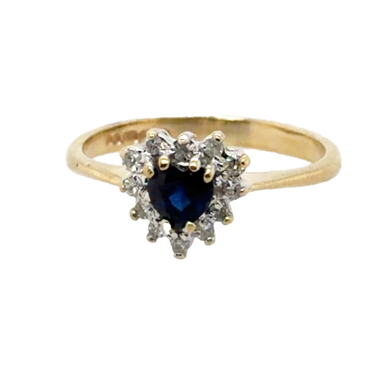 14k Gold Ring with Heart Shape Blue Sapphire & Diamonds